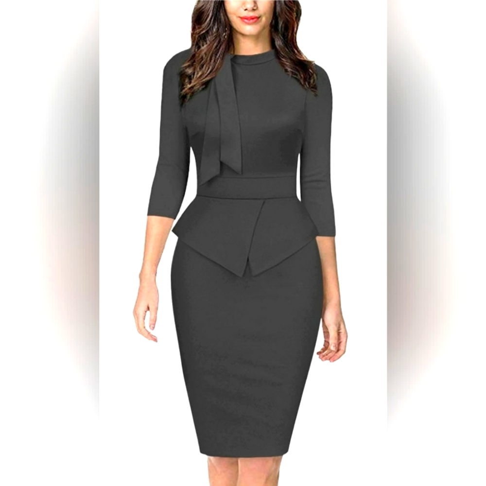 Moyabo Women's Tie Neck Vintage Bodycon Peplum Business Formal Work Pencil Dress